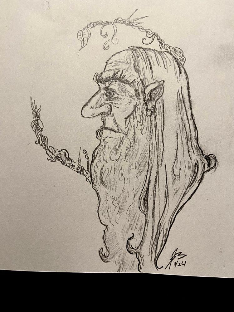 Side profile of a wizard with ears turning elvish and a crescent nature wreath in the background.