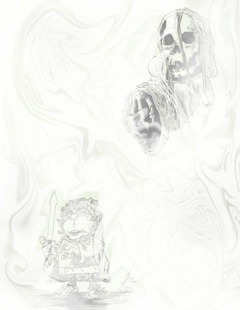 Fog obscures Frodo who appears lost and a wight looms above and behind him.