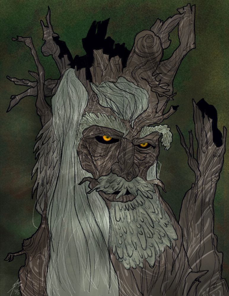 A closeup of Treebeard, he has lichen and mine mossy hair, leaves, and many open branch ends.