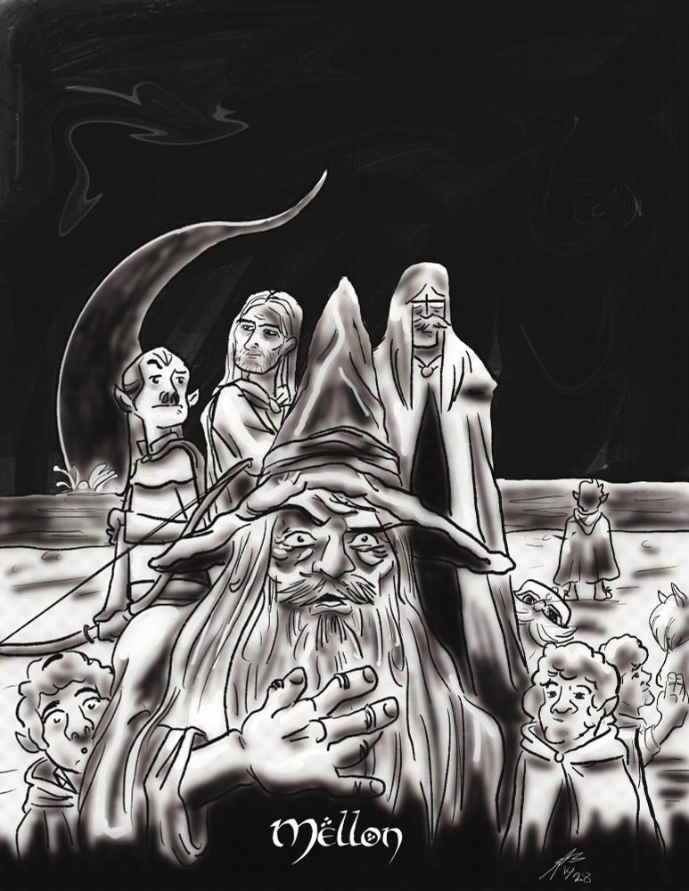 Angle from in front of the fellowship waiting for Gandalf to figure out the password to enter into the Doors of Durin, and while looking at the doors a tentacle rises out of the water.