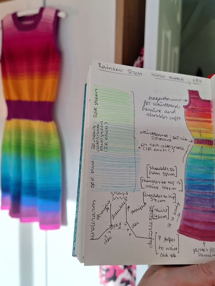 Image description. Hilly is holding up the craft journal in which she designed her new knee-length dress. The dress is hanging on a wardrobe door in the background. Initial sketches show a very similar dress to the finished product. There are annotations on the design, discussing number of stitches, number of rows, and appropriate increases and decreases. The hem of the skirt is magenta, knitted in garter stitch. Then the stockinette stitch starts above it, first in purple, then in blue, turquoise, green, and yellow. Then there is a waistband knitted in rib stitch, the same magenta as the hem. Above the waist, the stockinette continues, with orange, then red, then pink at the shoulders. The armholes and neckline are finished with more magenta ribbing. The dress is sleeveless. The colours move in a smooth gradient achieved by knitting twelve rows in one colour, and then alternating it with the next colour for the following eight rows, before working exclusively in the new colour for another twelve rows. There is a swatch on the design page planning the colour change. The main difference in the design is the narrower waistband; the waistband on the finished product is approximately four inches or ten centimetres wide, or about twice the width planned. Image description ends.