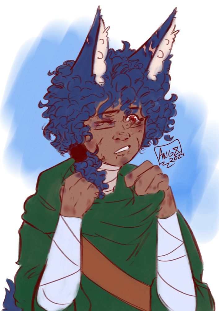 Uma kitsune morena de cabelos azuis cacheado e olhos vermelho e verde meio machucada abaixando seu capuz