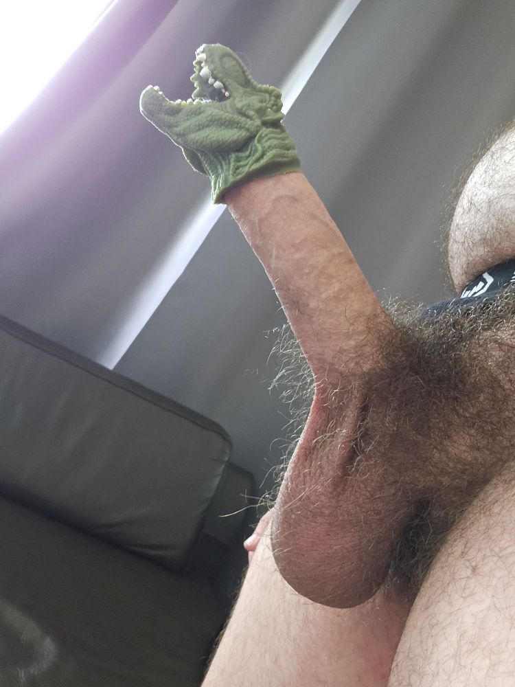 A cock with a t rex head on it