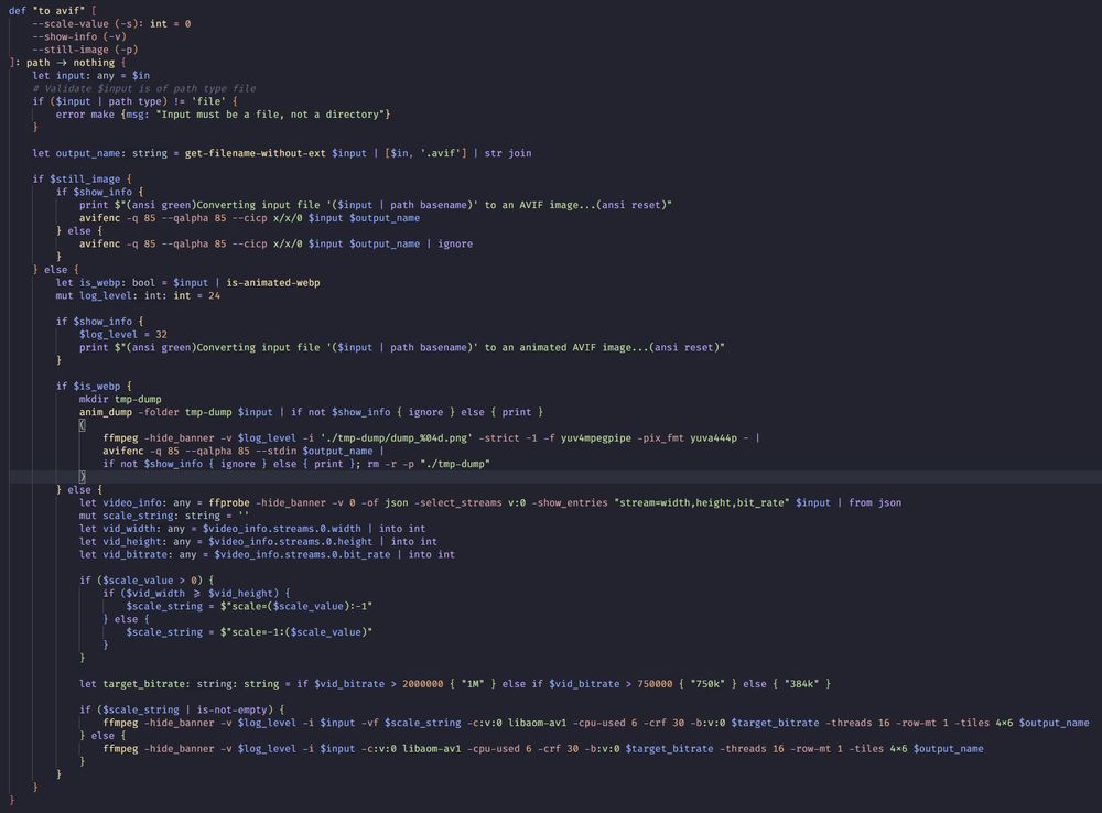 Screenshot of a text editor with code for a custom command in the Nushell scripting language that converts image or video input into an AVIF (AV1 Image Format) image.