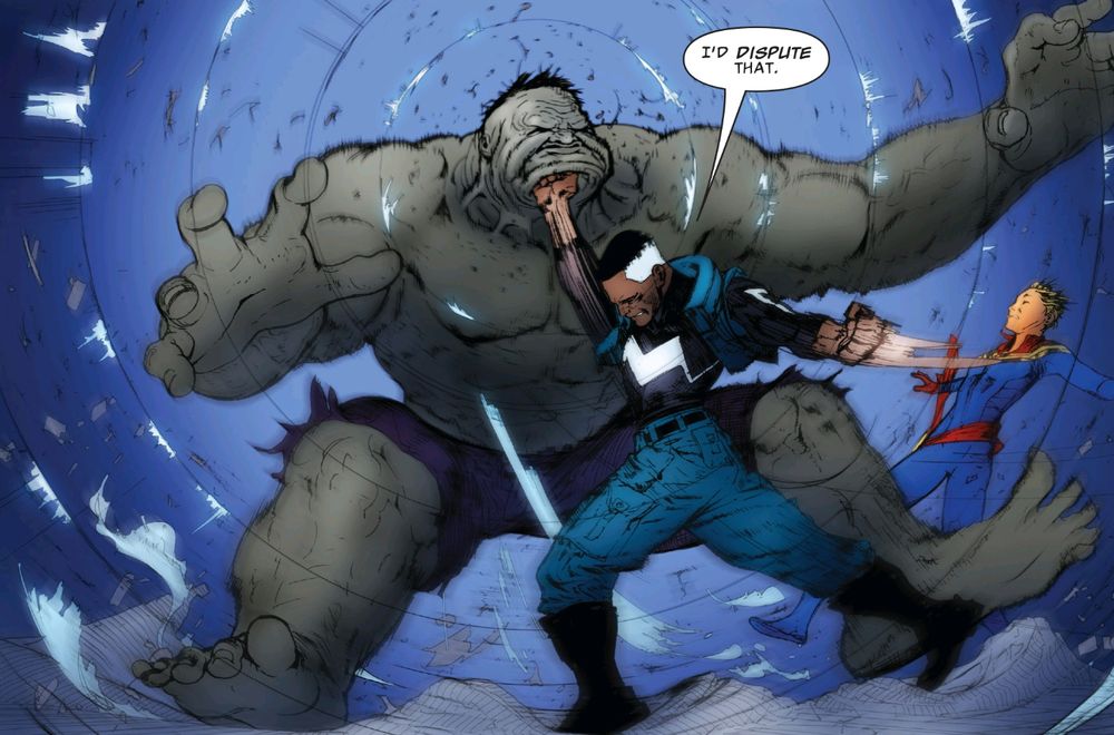 Blue Marvel punching the Grey Hulk in the chin and creating a shockwave.