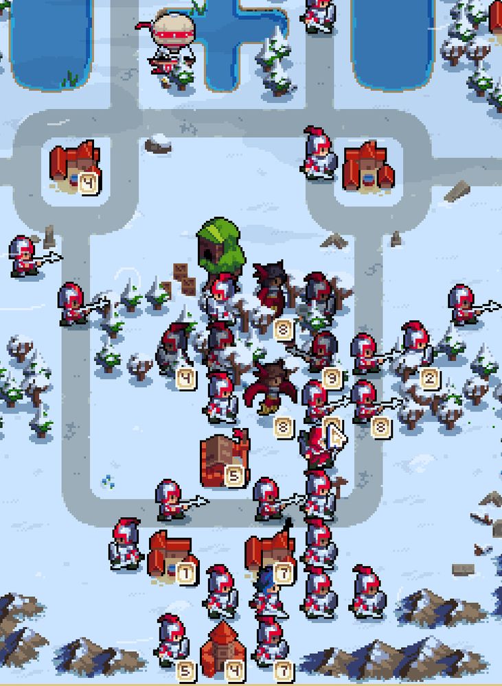 A game of war groove. The player's army is covering the enemy base, having taken it by occupying the space around unit spawning structures to prevent units from spawning. Reinforcements continue to arrive, some ferried by a cargo balloon. The enemy commander has been killed after being hemmed in by basic ground units and executed by harpies. 