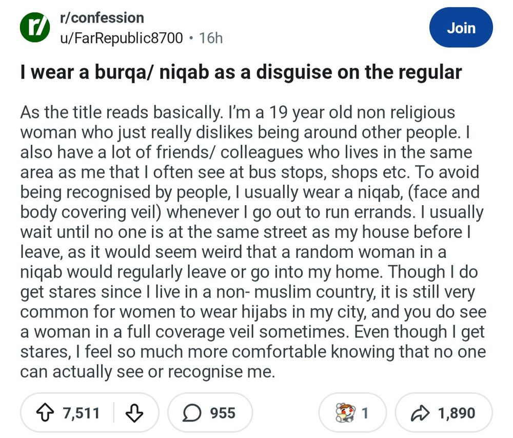Nonreligious girl wears a niqab out in public because she enjoys not being recognized by others 