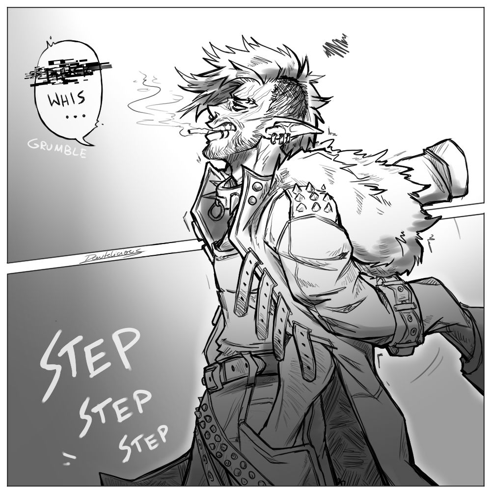 A monochrome panel of my OC Diego. He is a man with elf ears and spikey hair being shown with a frustrated expression from the side while a coat with fur and belts is hanging off of his shoulders
There is a crumbled cigarette in his mouth.
He mumbles "xxxx whis..."