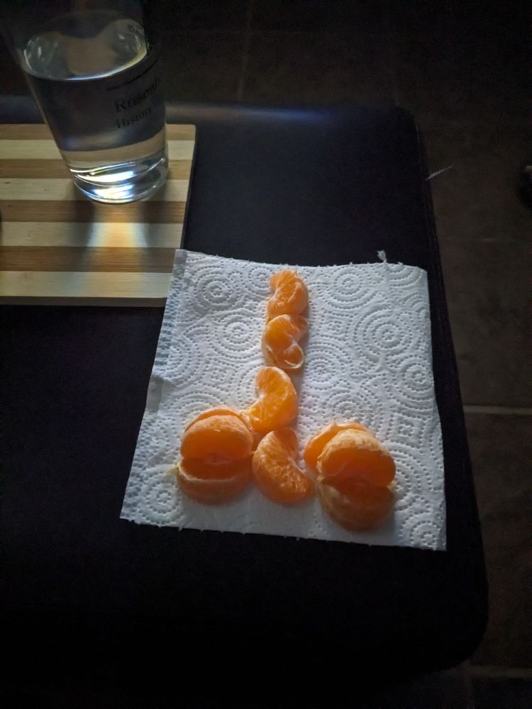 Tiny orange slices laid out on a paper towel in the shape of male genitalia beside a glass of water on a cutting board
