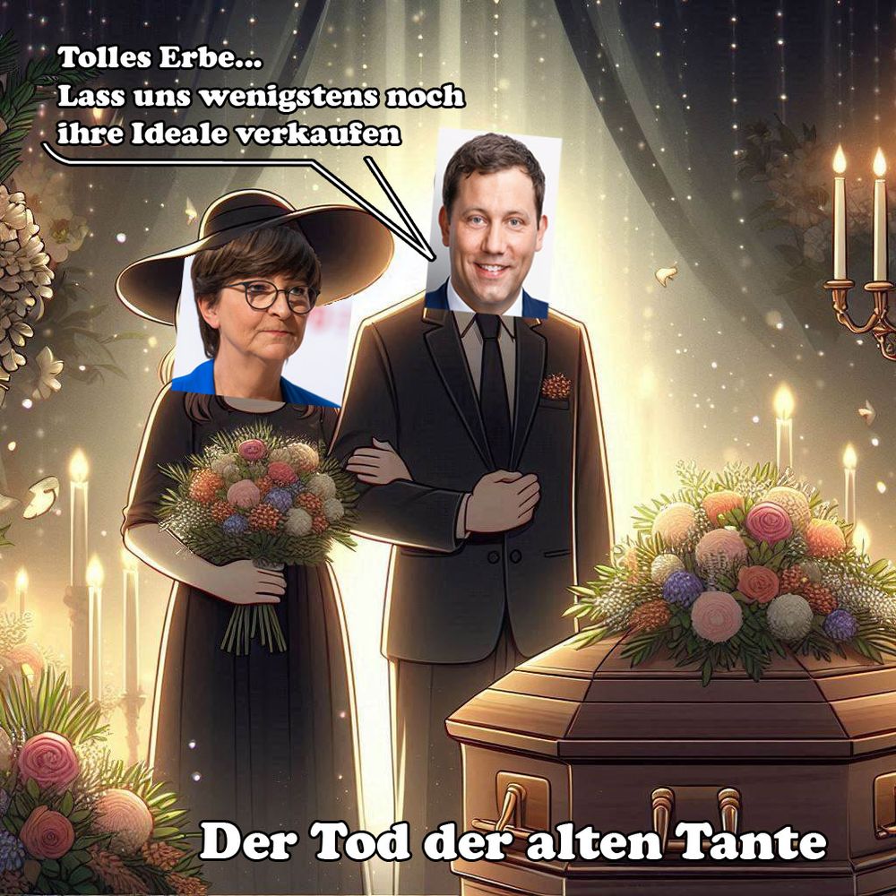 Quick and dirty Montage von Saskia Esken und Lars Klingbeil als trauerndes Paar an einem Sarg. Das Bild ist untertitelt mit "Der Tod der alten Tante" Sprechblase Klingbeil: "Tolles Erbe... Lass uns wenigstens noch ihre Ideale verkaufen!"