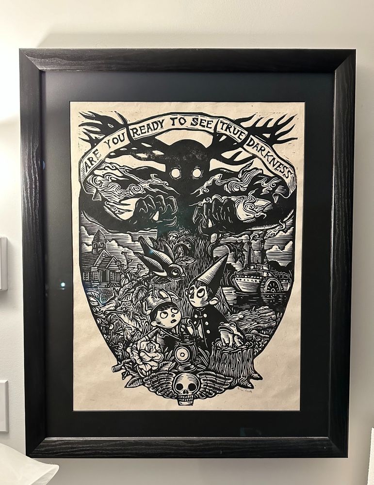 A woodcut print of characters from Over the Garden Wall with a banner that reads, "Are you ready to see true darkness?"