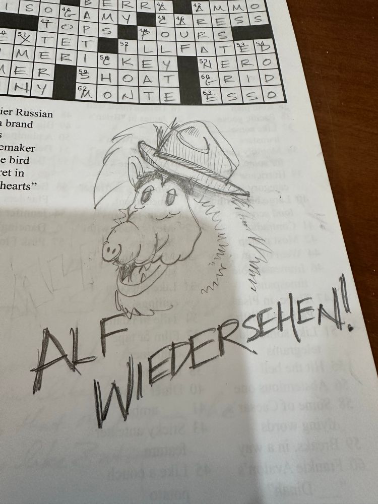 A doodle of Alf (sit com icon) in a Bavarian hat, with the words “Alf Wiedersehen” underneath it.