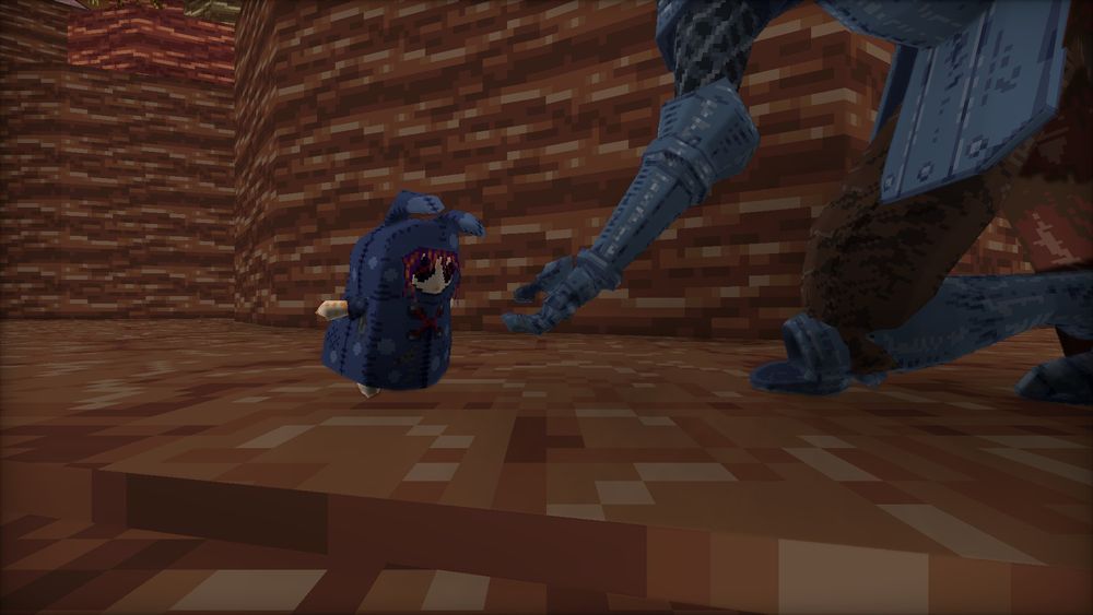 A screenshot of the game Mohrta. The main character, an armor-clad hunter, kneels and holds out their hand to a living doll