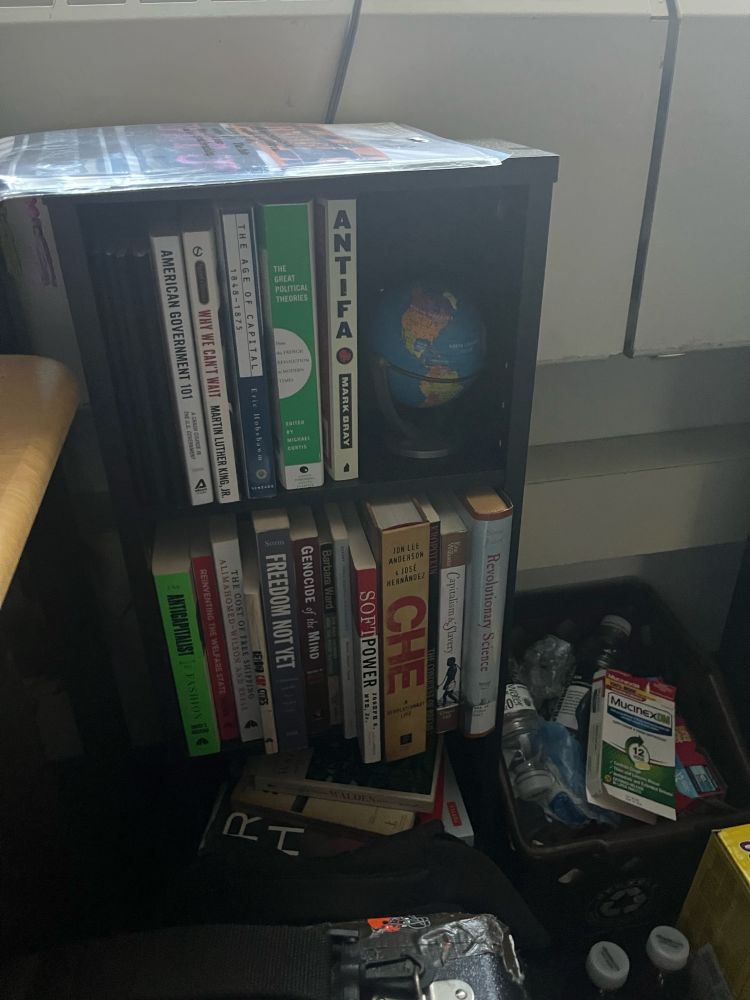 Books in my book shelf
Row 1:
American Government 101
Why we can’t wait
The age of capital
The great political theories vol 2
Antifa

Row 2:
The anticapitalist book of fashion
Reinventing the welfare state
The cost of free shipping
Beyond cop cities
Freedom not yet
Genocide of the mind
The rich nations and the poor nations
Occupy - three inquiries into opposition
Soft power
Che - a revolutionary life
The conquest of bread
Capitalism and slavery
Revolutionary science