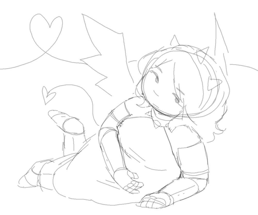 sketch of pin as a human. she is a devil. she is lying down and using her arm as support. the continuation of the string from the previous image is visible, looping another heart