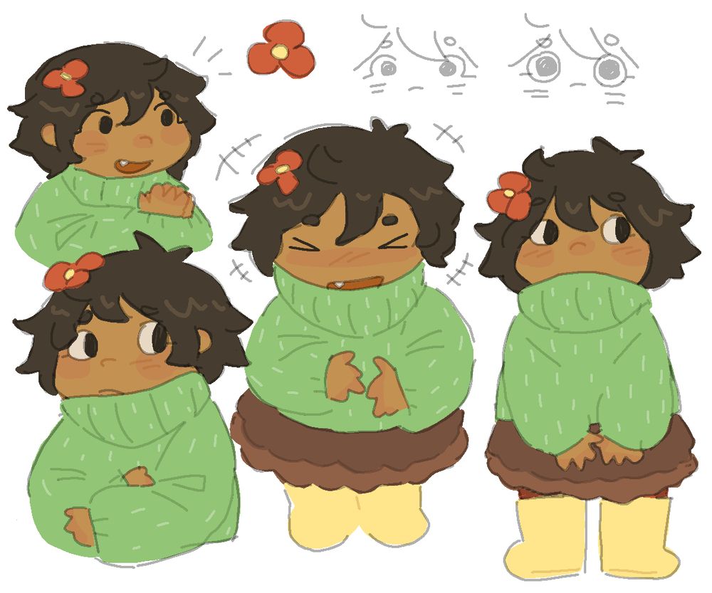 digital illustration of cactus as a human. she is a child with tan skin and messy brown hair. she has a red flower on her hair. she is wearing a green sweater with lighter green lines representing the spines of a cactus, a two-layer brown skirt representing the dirt and plant pot, red stockings, and yellow boots