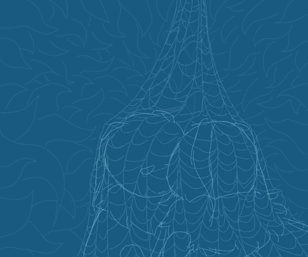 digital sketch of leif and muse under a spider web completely draping over them. they are both holding each other, muse smiling at leif while leif looks at her gloomily. cordyceps surround them