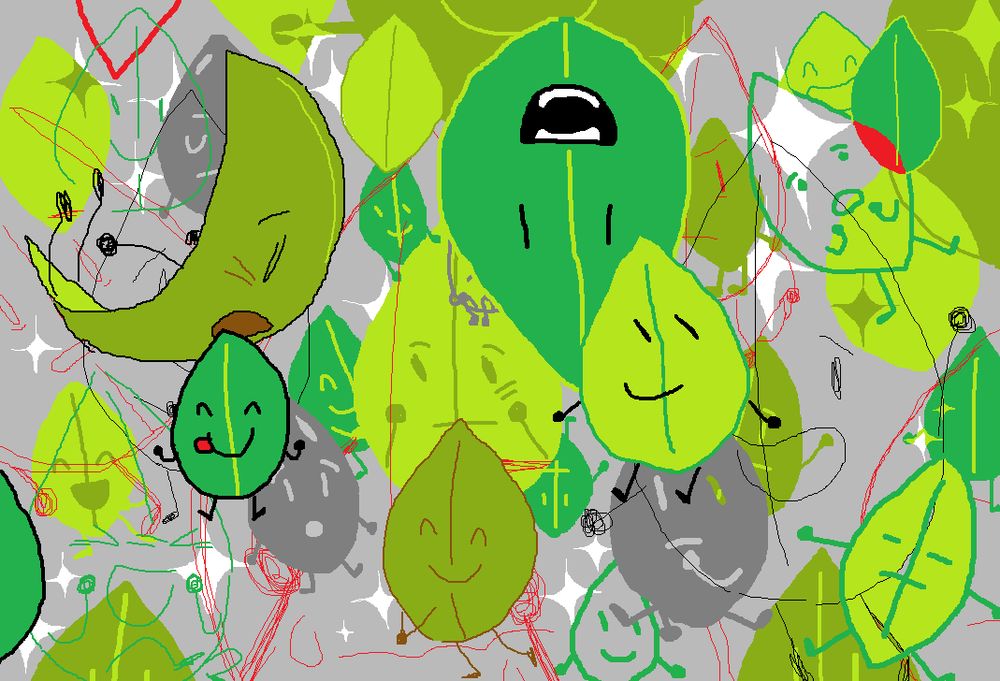 various doodles of leafy overlaid on top of each other. the color palette consists of greens, grays, and red. four-pointed stars are scattered around the background.