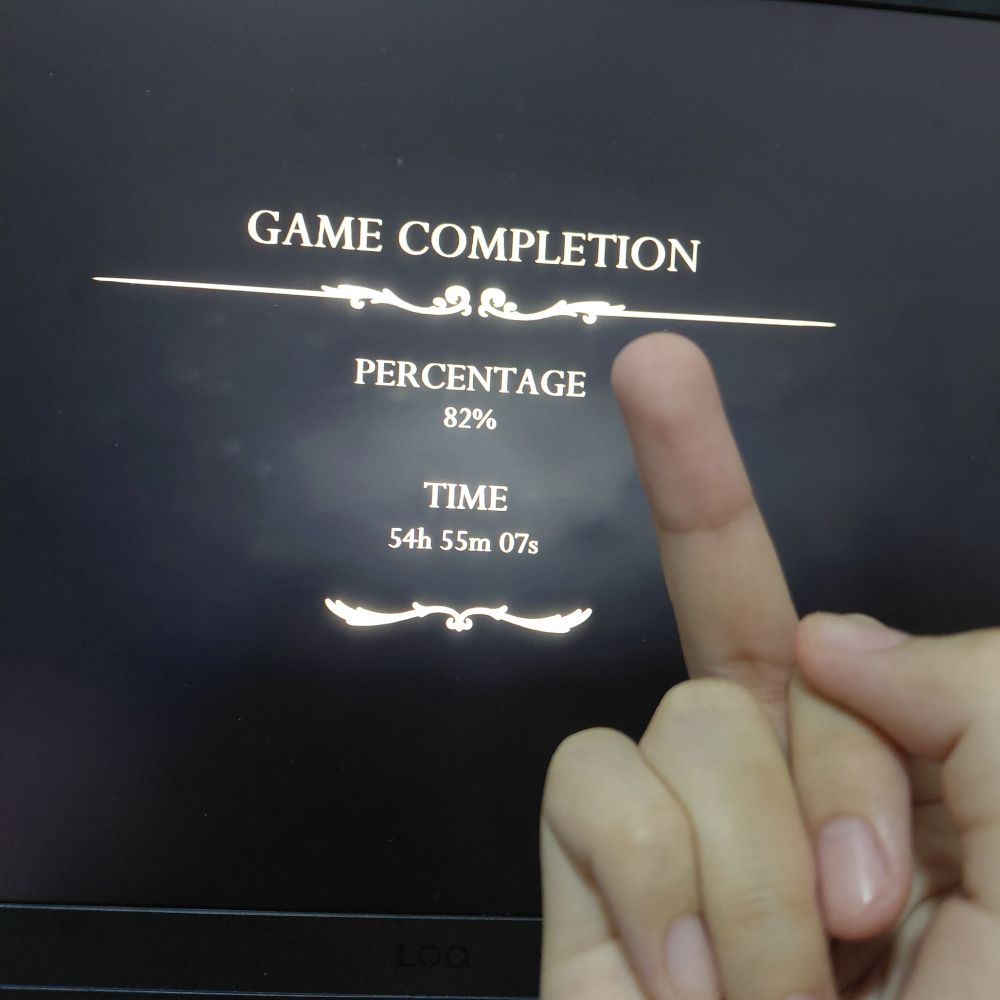 the game completion screen for silksong. i have 82% completion and took 54 hours. i pull out my middle finger in front of it