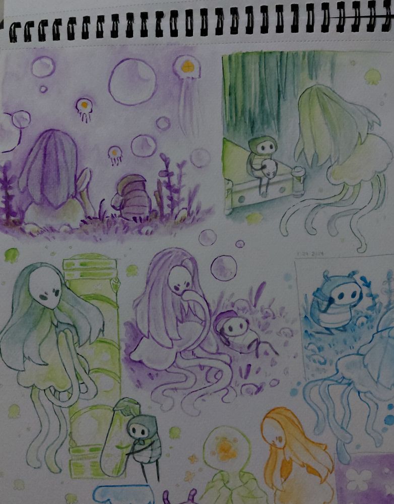 watercolor paintings of quirrel and monomon together. each painting is monochromatic and are of different colors.