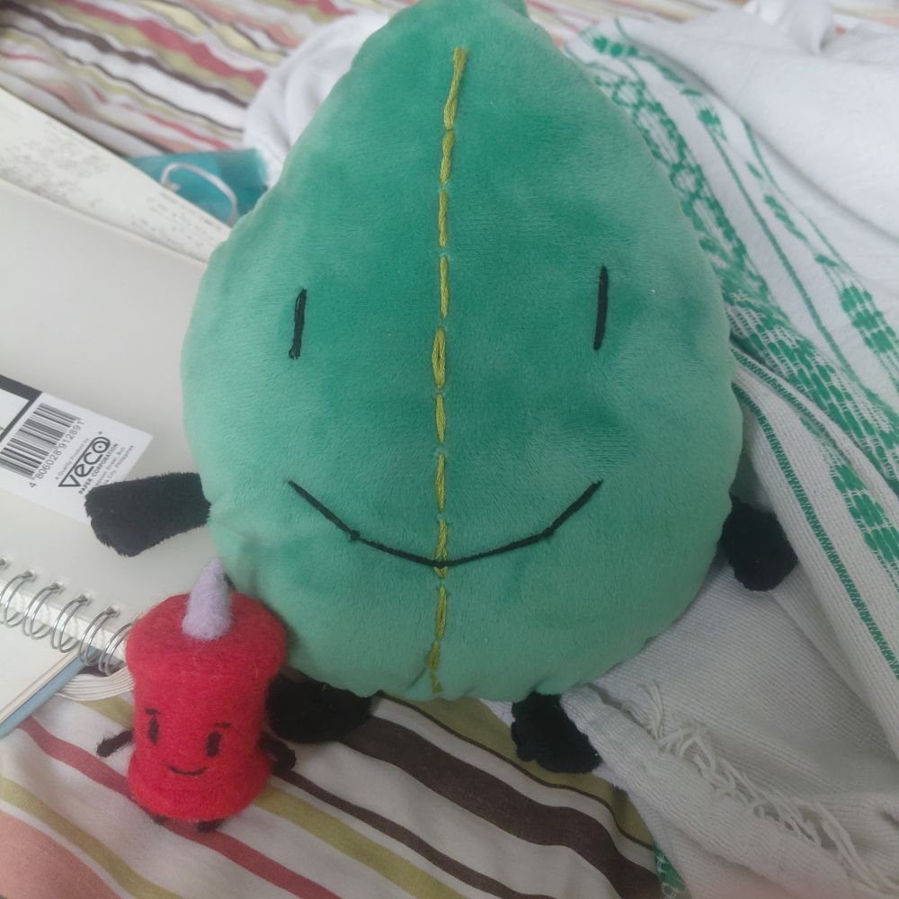 a leafy plushie i made next to a needle felt plush of pin. leafy is significantly larger than pin