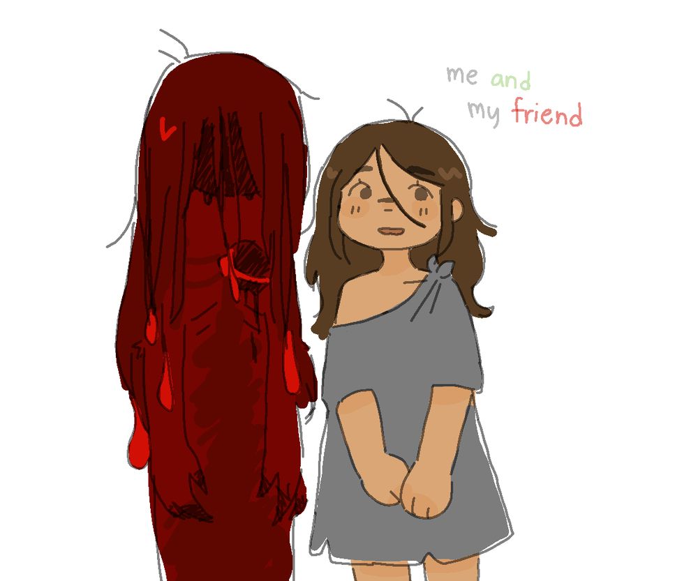 gijinkas of evil leafy and leafy. evil leafy is slightly disfigured and has a hole at the left side of her chest, showing a part of her ribs and no heart present. she has dark claws and blood is dripping from the ends of her hair. her face is covered and seems to be crying. leafy is standing next to her, seemingly oblivious as she's smiling to the side. the text reads "me and my friend"