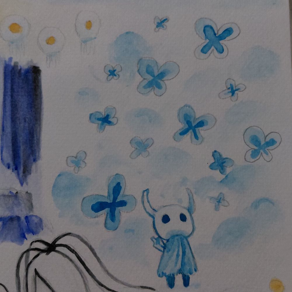 blue watercolor painting of ghost under butterflies. there are also clouds in the background.