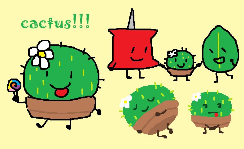 doodles of cactus, pin and leafy's fanchild. she is a round cactus with a white flower on the side of her head and on a flower pot. the text at the top left reads "cactus!"

from left to bottom right:
1. her sitting down holding a lollipop and putting her tongue out
2. pin and leafy holding both of cactus' hands
3. cactus sleeping on her side
4. cactus holding her hands and has her tongue sticking out