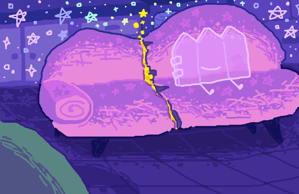 digital illustration of two and gaty from battle for dream island: the power of two. they are in the kitchen. two is at the bottom left, only their head visible. their shadow on the floor is partially shown in front of them, with their eye also present, staring at gaty. gaty is a translucent lavender, sitting on the pink couch. she has no eyes and only has her mouth which is smiling. one can be seen behind gaty, blending in with the couch, staring at you. the couch has a rip in the middle, which has bright yellow stuffing leaking out of it. the stuffing turns into stars above the couch, having a gradient from yellow to light pink stars.