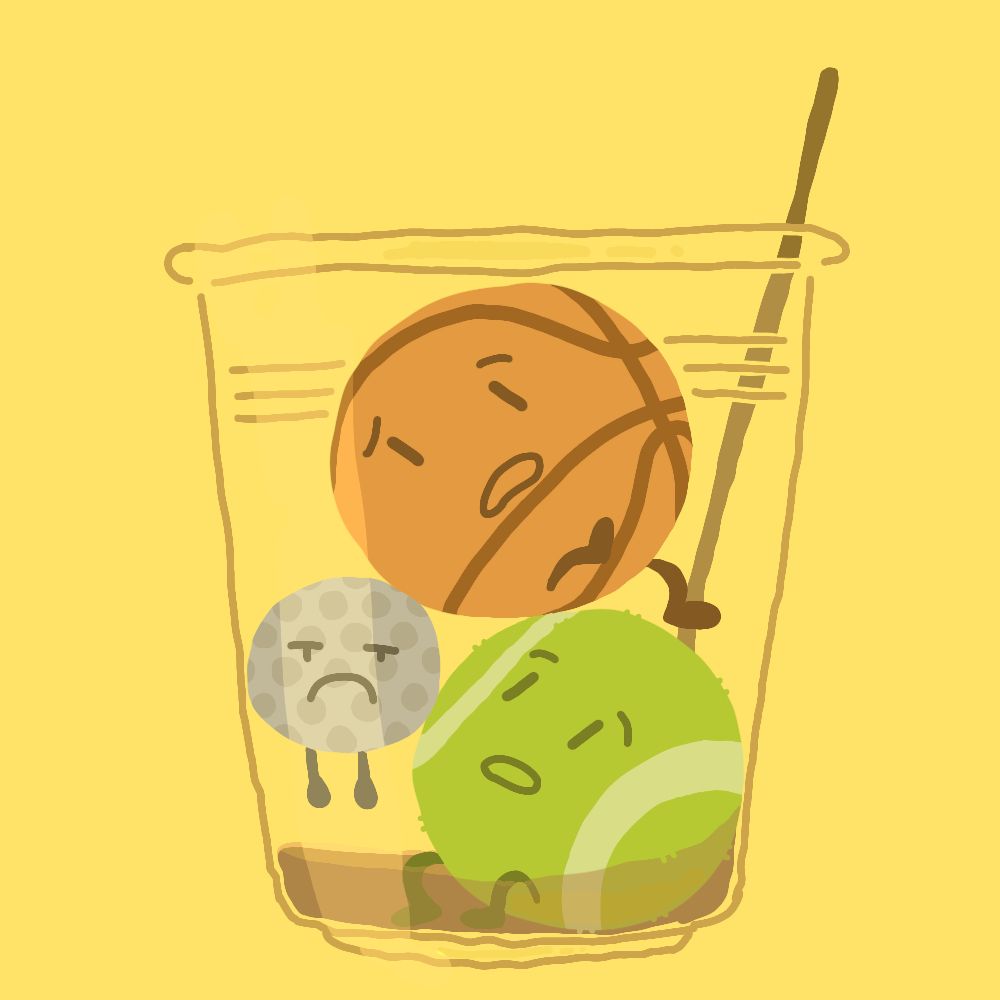digital illustration of basketball, golf ball, and tennis ball in a plastic cup with brown sauce inside. a long stick is also placed inside.
