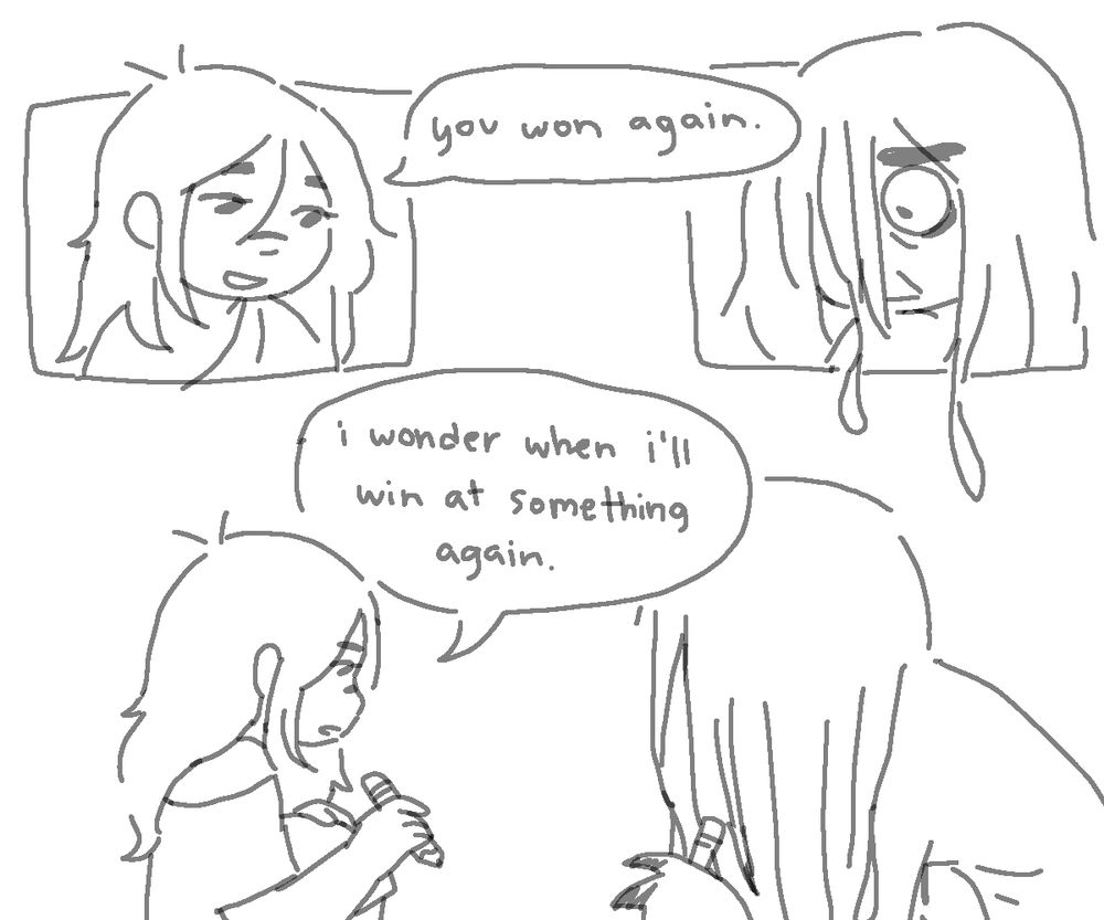 although the game itself is not shown in the drawing, leafy and evil leafy are playing tic tac toe. the left panel shows leafy saying "you won again." the right panel shows evil leafy looking at the ground. the two of them are drawn at the bottom, sitting down and holding a pencil. leafy continues "i wonder when i'll win at something again."