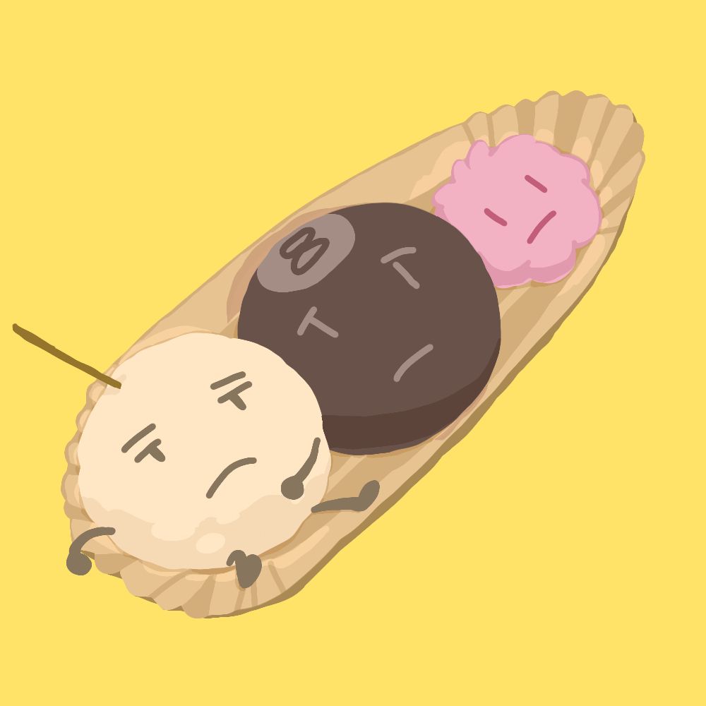 digital illustration of snowball, 8-ball, and puffball on a paper plate. a toothpick is inserted on snowball's forehead.