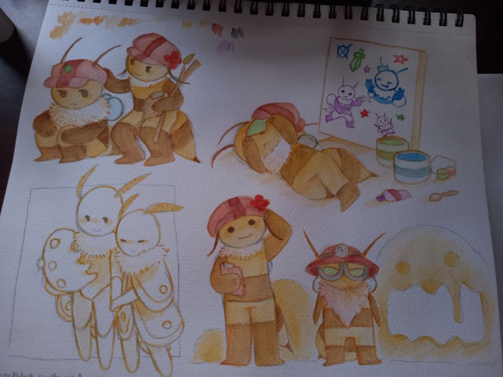 a portion of a sketchpad page with four separate illustrations.

the first illustration at the top left is of vi and the overseer. vi is wearing a worker's hat and looks bored. the overseer is just patting the back of her head, as if to comfort her.

the second illustration at the bottom left is of muse and leif and their child. their child is still a caterpillar, muse carrying it with one arm. leif looks sleepy and has his eyes closed, leaning towards her and holding her other hand. muse is smiling at him. this illustration was not colored fully, and instead they were just shaded with only yellow.

the third illustration at the top right is of vi lying down; paint containers, her worker's hat, and a painted canvas behind her. vi is holding a green leaf, pretending it's an explorer's permit. the canvas behind her has doodles of vi: her holding up peace signs and wearing a crown, her holding up two daggers, and her with her hands up. there are also doodles of stars, a sword, and the honeycomb symbol on the worker's hat crossed out.

the fourth illustration at the bottom right is of the overseer and malbee standing, with an ahoneynation and blobs of honey standing behind them.