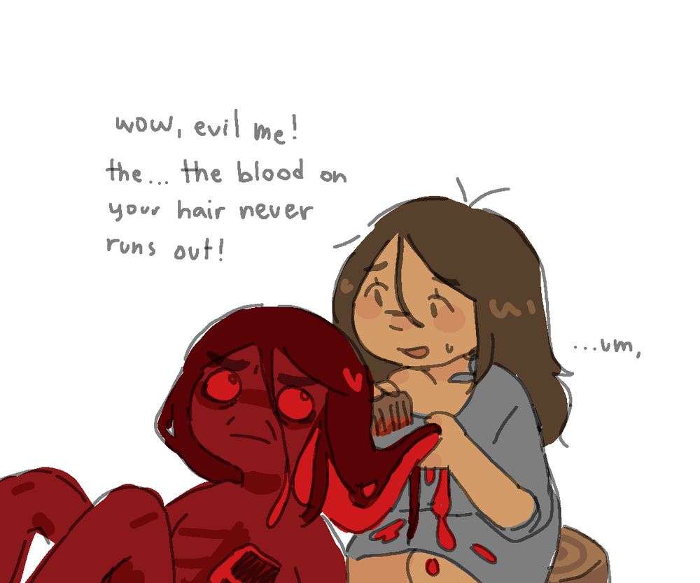 leafy brushing evil leafy's hair. blood is leaking and stained the comb. leafy says "wow, evil me! the... the blood on your hair never runs out! ...um,"