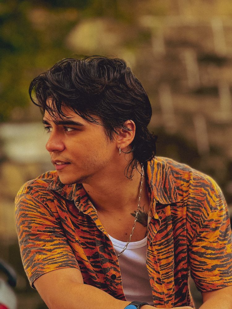 Uma foto minha (um homem moreno de cabelo de comprimento medio e cor castanho escuro) olhando para a direita vestido uma camisa de animal print de tigre e uma regata branca por dentro.