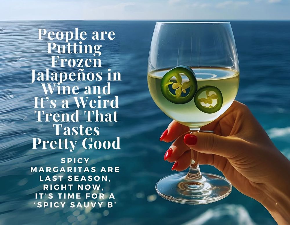 Claude:
“Eine Hand mit vier sichtbaren Fingern hält ein Weinglas mit Weißwein, in dem zwei gefrorene Jalapeño-Scheiben schwimmen, vor einem blauen Meereshintergrund. Das Bild enthält Text, der besagt: ‘Menschen geben gefrorene Jalapeños in Wein und es ist ein seltsamer Trend, der ziemlich gut schmeckt’ und ‘Scharfe Margaritas sind von letzter Saison, jetzt ist es Zeit für einen scharfen Sauvy B’.”
