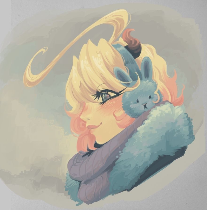 Digital side-profile art portrait of Dei_vtuber in a winter outfit consisting of earmuffs, a large purple scarf and fuzzy coat.