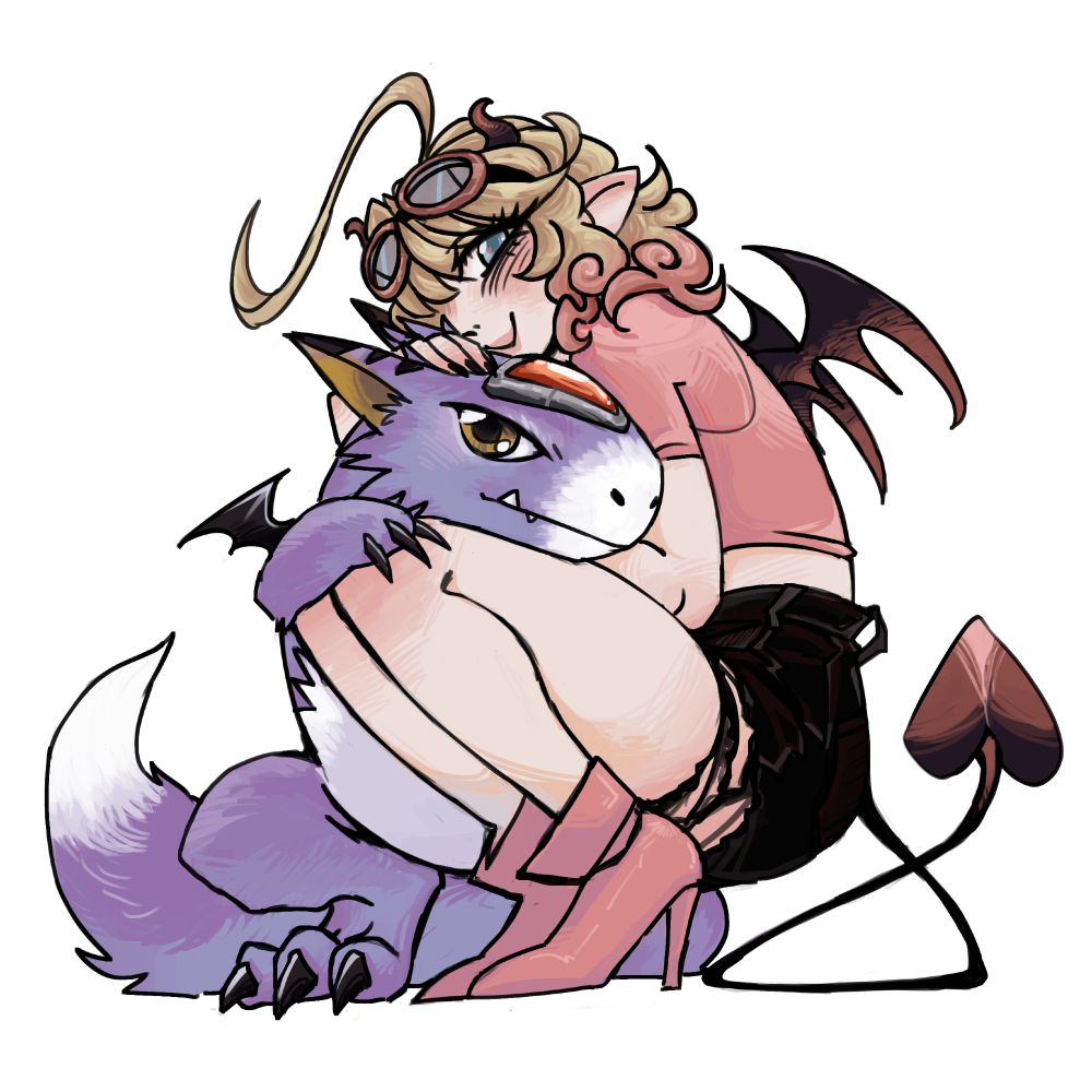 Digital Artwork of Dei and a Dorumon hugging very sweetly
