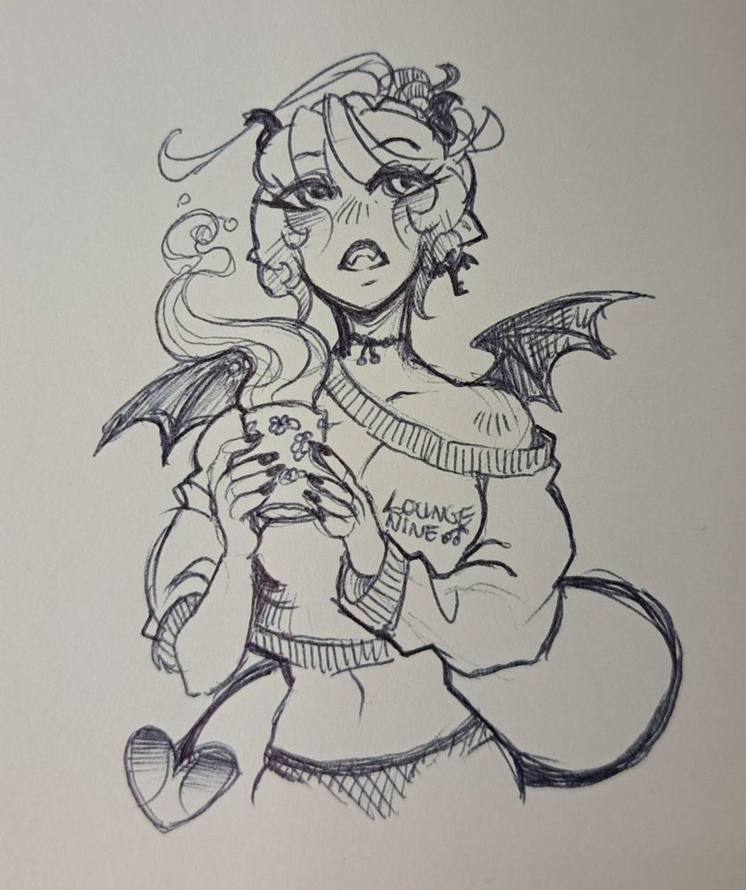 Dei_vtuber pen doodle wearing a crop sweater and holding a warm drink. 