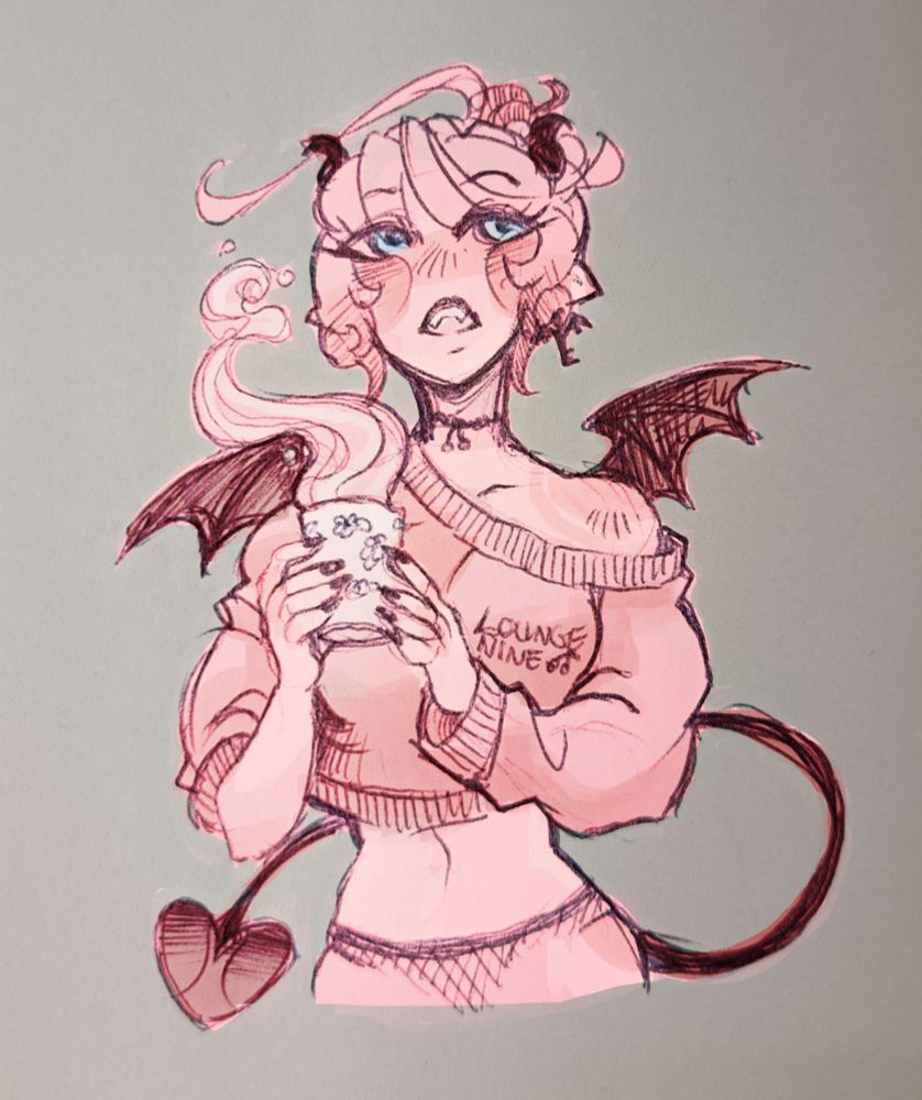 Dei_vtuber pen doodle wearing a crop sweater and holding a warm drink. Colored digitally in a pink hue.