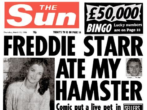 Picture of a front page of the British tabloid The Sun from 1986, with the headline "Freddie Starr Ate My Hamster".