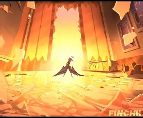 Lute in Hazbin Hotel season 2, standing in the light of a massive broken window. 