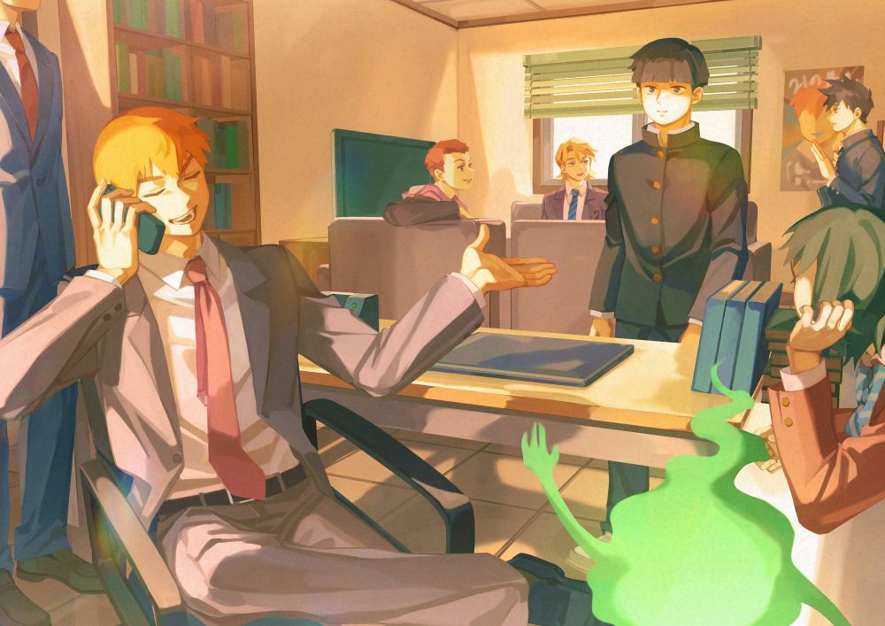 Illustration set in the spirits and such consultation office with the warm afternoon sun shining in. Reigen is sat on a chair and talking on the phone with a client. Mob is walking towards reigen with a small smile on his face. Dimple is waving at Mob. Tome is leaning over the desk. Serizawa is standing next to reigen and his face is partially cut off. In the back, Teruki and Shou are sitting on the couch seats and looking towards Ritsu. Ritsu, who walked in with Mob is waving at Teruki and Shou as he walks towards them.