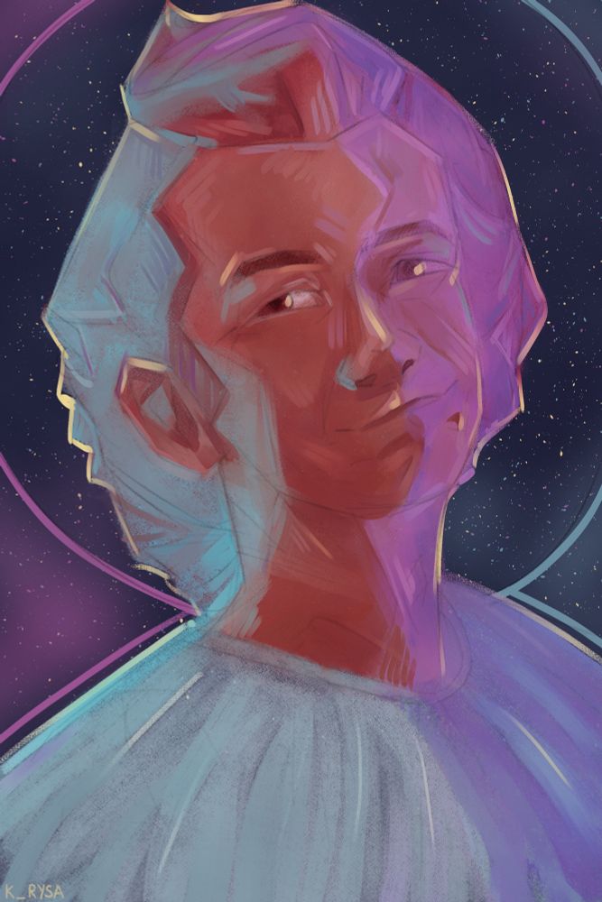digital drawing of Crowley as an angel, portrait view, made in primary blue, red, and purple color palette, 3/4 turn