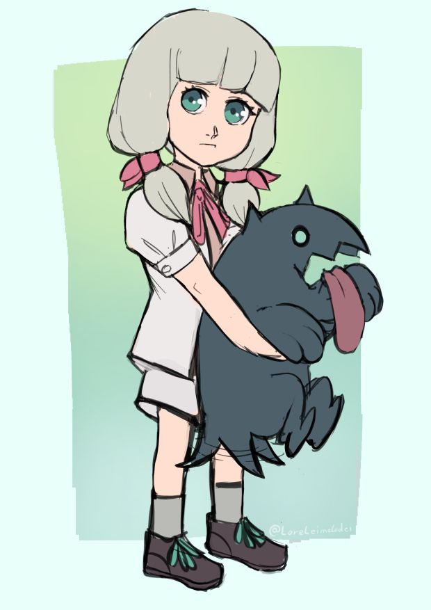a small and younger human Makina with a dog in her arms looking like her former weapon dog