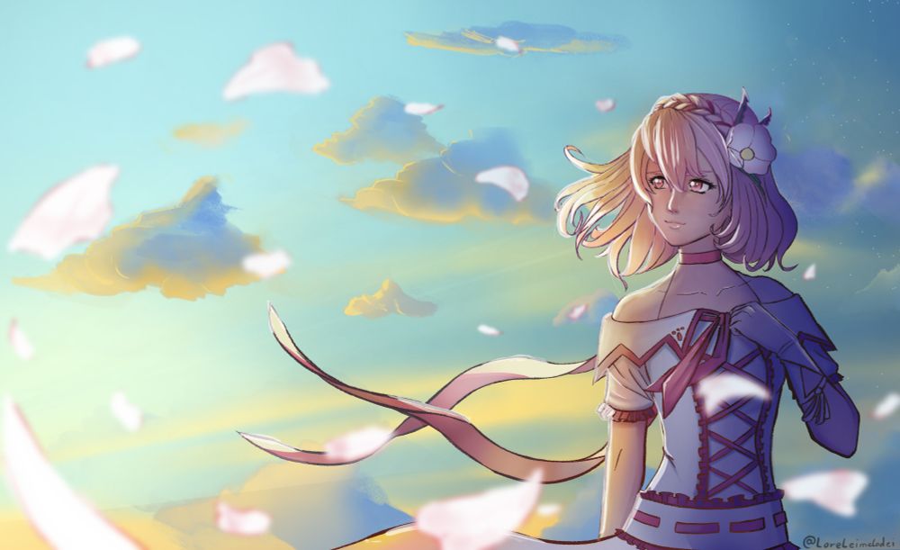 Misella from Tales of Crestoria in her Timeskip Outfit, looking towards the left into the sun rise, hand on her heart and flower petals flying around her.
