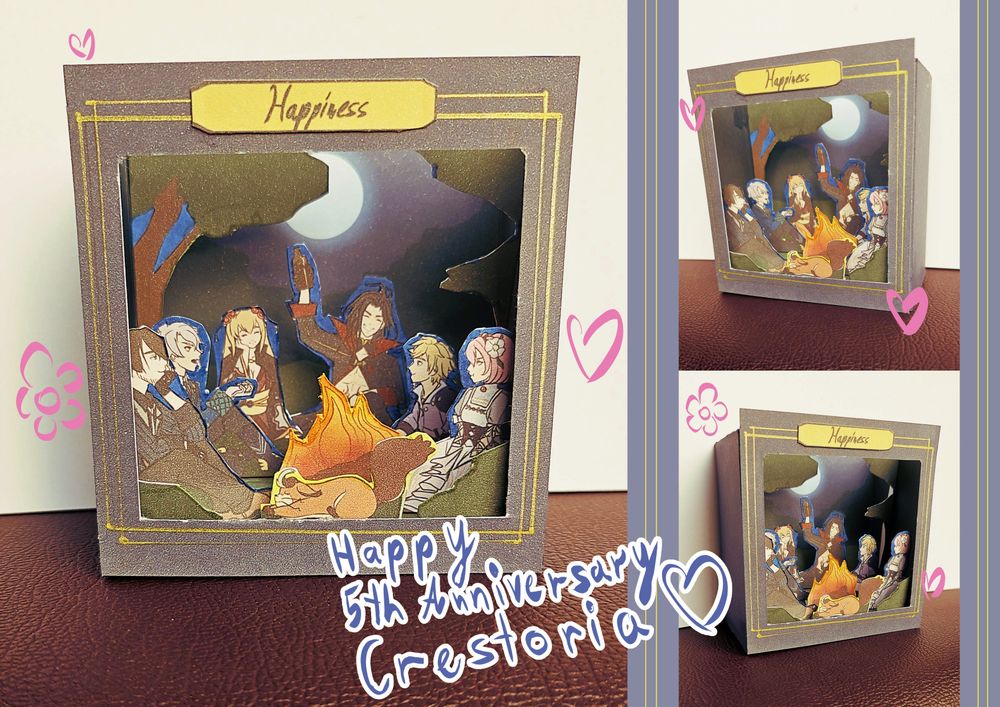 3 pictures of a small papercraft box with the crestoria group in it sitting around a fire 
