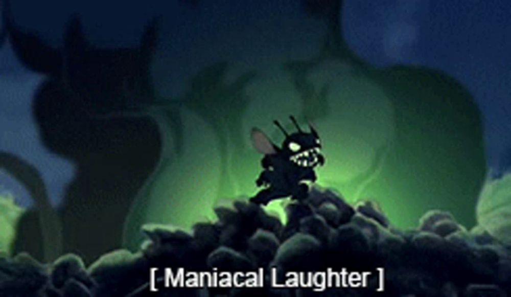 a cartoon character is standing on top of a pile of rocks with the words " maniacal laughter " written below him