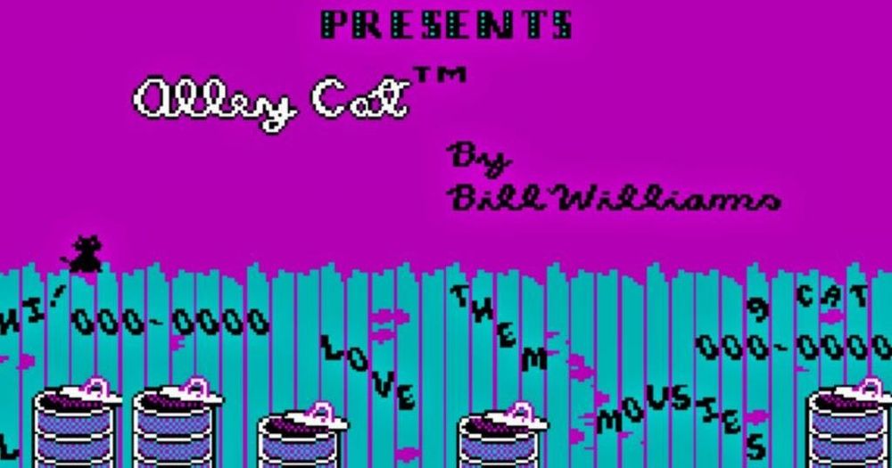 The dos game Alley Cat from 1984. Pixilated graphics show a tiny black cat sitting on a ragged fence. The fence has graffiti on it (including the grass LOVE THEM MOUSES) and trash cans of varying heights sit in front of it. Text reads IBM Presents Alley Cat by Bill Williams. The colour palette is very restricted - black and white, magenta sky and cyan fence.