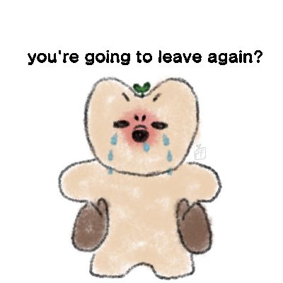 Poofy crying angrily as they’re being held like a plushie with Skrunkly’s hands. The text says “you’re going to leave again?”